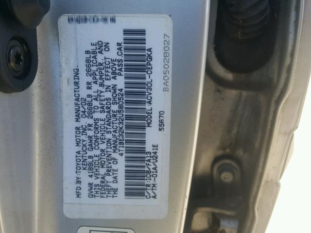 4T1BE32K32U580524 - 2002 TOYOTA CAMRY LE SILVER photo 10