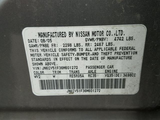 JNKCV51F36M601272 - 2006 INFINITI G35 GRAY photo 10