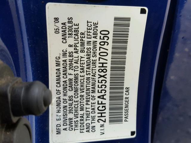 2HGFA555X8H707950 - 2008 HONDA CIVIC SI BLUE photo 10