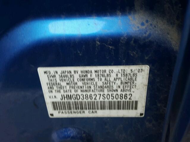 JHMGD38627S050862 - 2007 HONDA FIT S BLUE photo 10