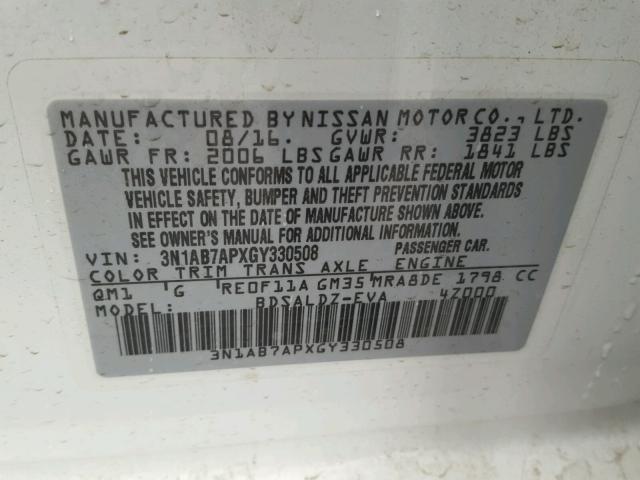 3N1AB7APXGY330508 - 2016 NISSAN SENTRA S WHITE photo 10