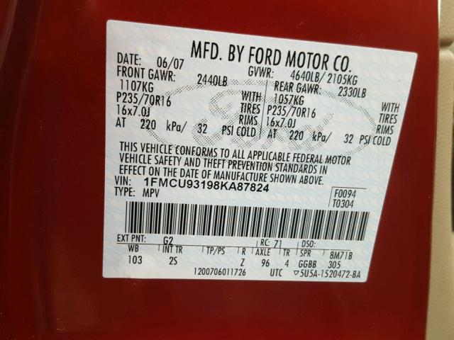 1FMCU93198KA87824 - 2008 FORD ESCAPE XLT RED photo 10