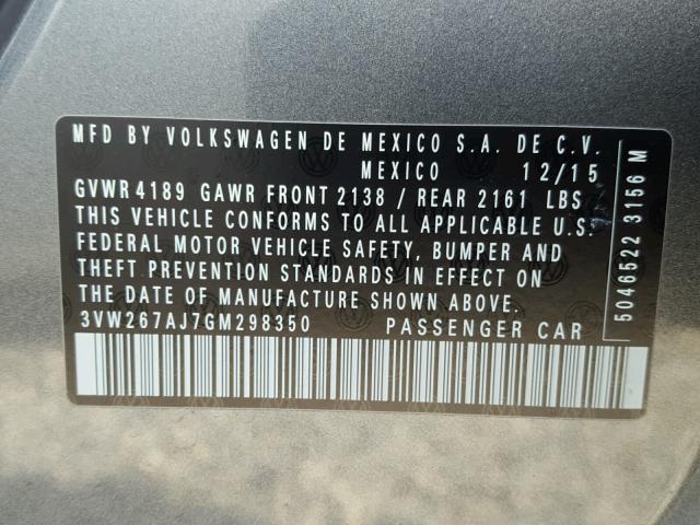 3VW267AJ7GM298350 - 2016 VOLKSWAGEN JETTA S GRAY photo 10