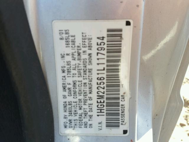 1HGEM22561L117954 - 2001 HONDA CIVIC LX SILVER photo 10