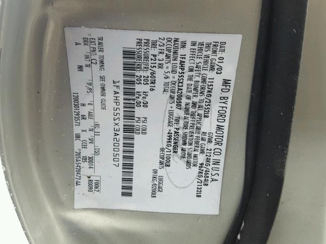 1FAHP55SX3A200507 - 2003 FORD TAURUS SES SILVER photo 10