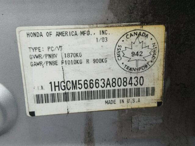 1HGCM56663A808430 - 2003 HONDA ACCORD EX SILVER photo 10