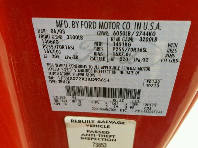 1FTRX072X3KD93654 - 2003 FORD F150 RED photo 10