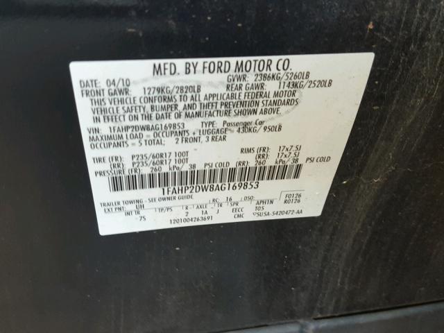 1FAHP2DW8AG169853 - 2010 FORD TAURUS SE BLACK photo 10