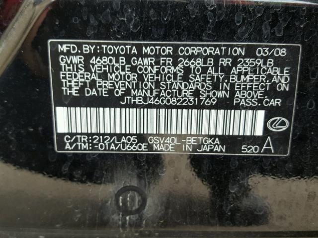 JTHBJ46G082231769 - 2008 LEXUS ES 350 BLACK photo 10