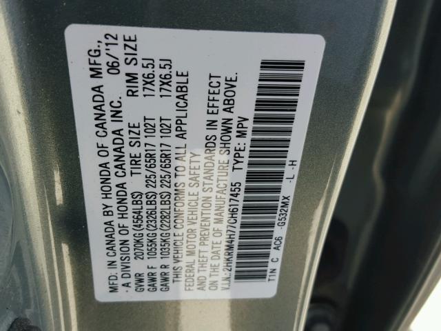 2HKRM4H77CH617455 - 2012 HONDA CR-V EXL GREEN photo 10