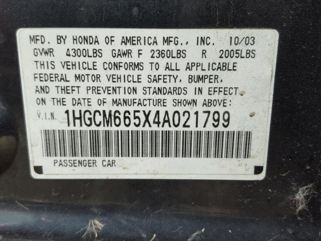 1HGCM665X4A021799 - 2004 HONDA ACCORD EX GRAY photo 10