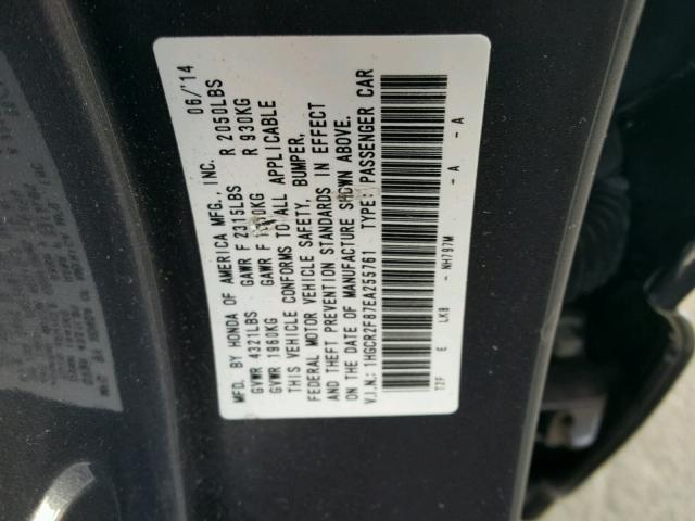 1HGCR2F87EA255761 - 2014 HONDA ACCORD EXL GRAY photo 10