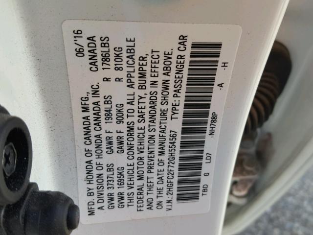 2HGFC2F72GH554567 - 2016 HONDA CIVIC EX WHITE photo 10