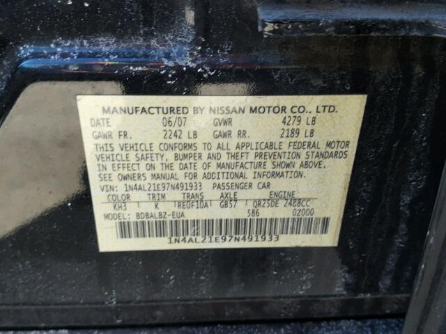 1N4AL21E97N491933 - 2007 NISSAN ALTIMA 2.5 BLACK photo 10