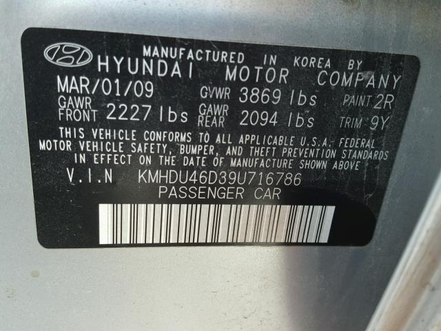 KMHDU46D39U716786 - 2009 HYUNDAI ELANTRA GL SILVER photo 10