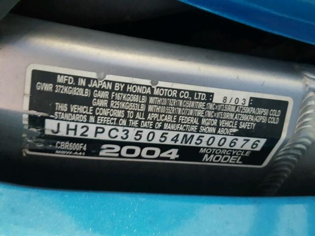 JH2PC35054M500676 - 2004 HONDA CBR600 F4 BLUE photo 10