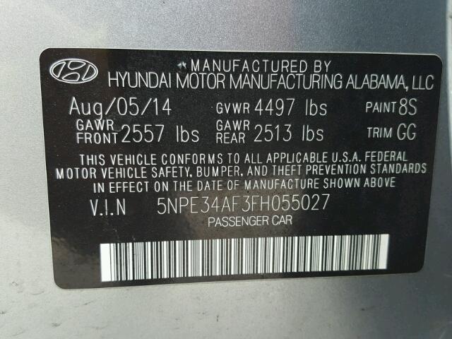 5NPE34AF3FH055027 - 2015 HYUNDAI SONATA SPO SILVER photo 10