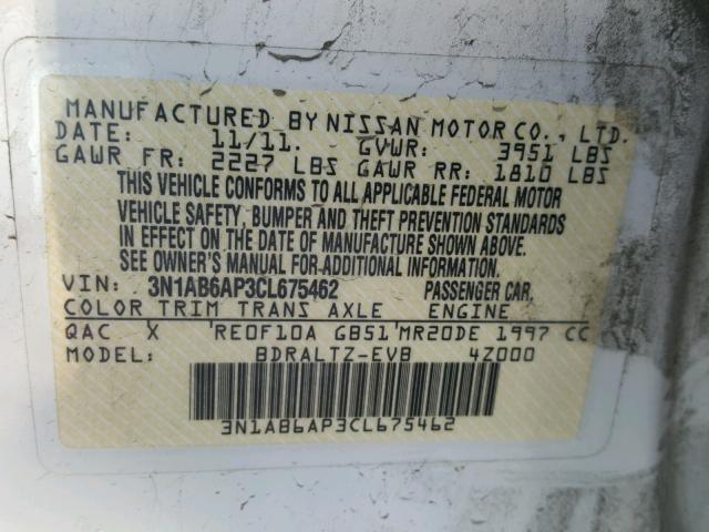 3N1AB6AP3CL675462 - 2012 NISSAN SENTRA 2.0 WHITE photo 10