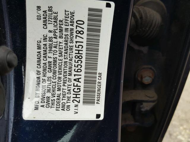 2HGFA16558H517870 - 2008 HONDA CIVIC LX BLUE photo 10