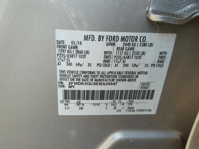 2FMDK3GC9EBA29947 - 2014 FORD EDGE SE SILVER photo 10