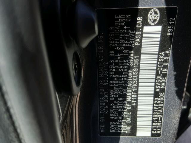 4T1BF1FK5CU591361 - 2012 TOYOTA CAMRY BASE CHARCOAL photo 10