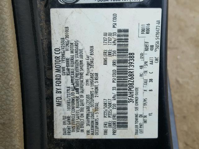 3FAHP08Z68R139388 - 2008 FORD FUSION SEL BLUE photo 10