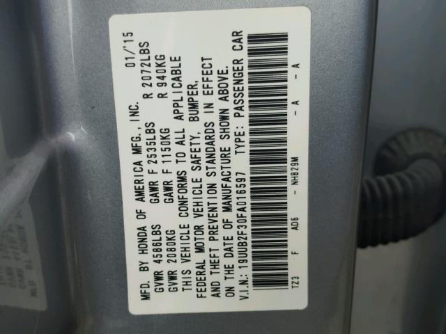 19UUB2F30FA016597 - 2015 ACURA TLX SILVER photo 10