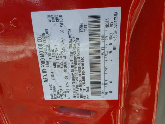 1FTZR45E18PA16140 - 2008 FORD RANGER SUP RED photo 10