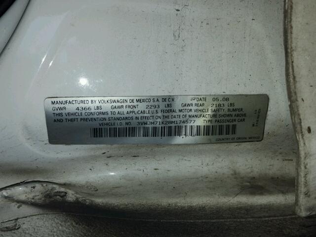 3VWJM71K28M174577 - 2008 VOLKSWAGEN JETTA S WHITE photo 10