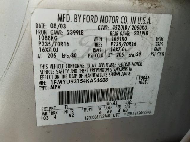 1FMYU93154KA54688 - 2004 FORD ESCAPE XLT SILVER photo 10