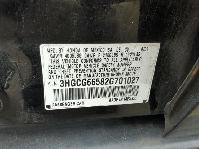 3HGCG66582G701027 - 2002 HONDA ACCORD LX BLACK photo 10