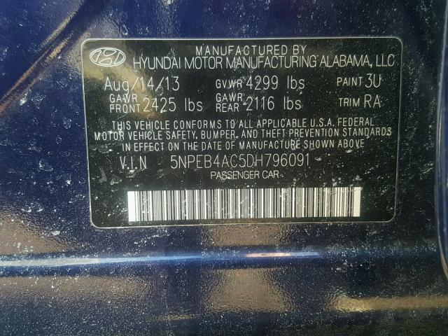 5NPEB4AC5DH796091 - 2013 HYUNDAI SONATA GLS BLUE photo 10