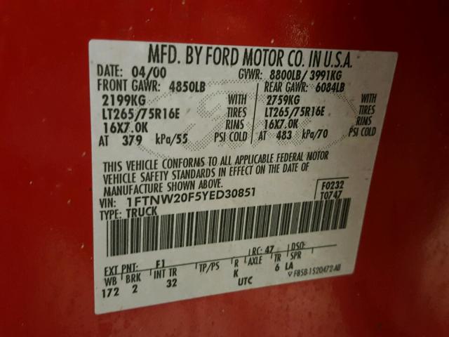 1FTNW20F5YED30851 - 2000 FORD F250 SUPER RED photo 10