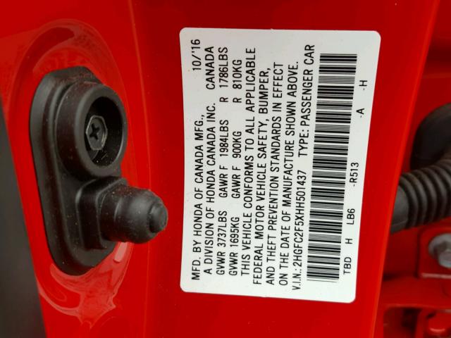 2HGFC2F5XHH501437 - 2017 HONDA CIVIC LX RED photo 10