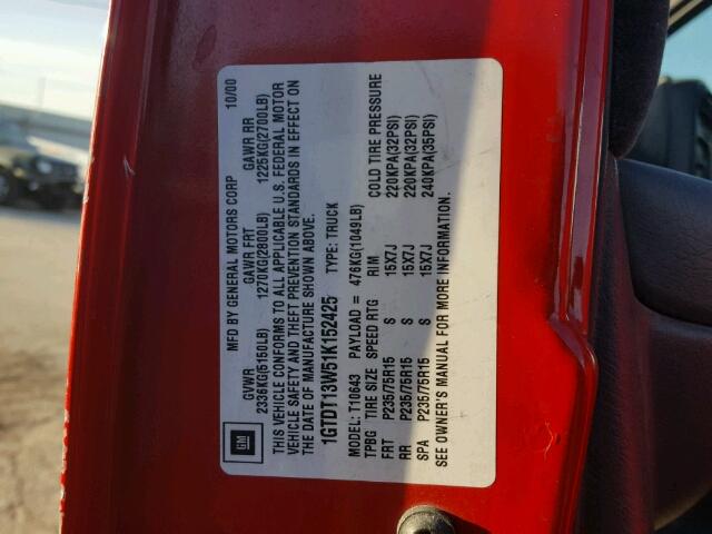 1GTDT13W51K152425 - 2001 GMC SONOMA RED photo 10