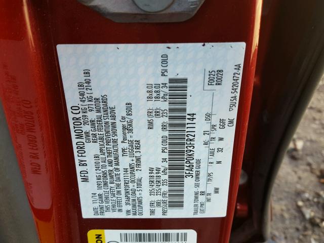 3FA6P0K93FR211144 - 2015 FORD FUSION TIT RED photo 10