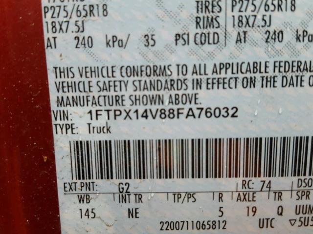 1FTPX14V88FA76032 - 2008 FORD F150 RED photo 10