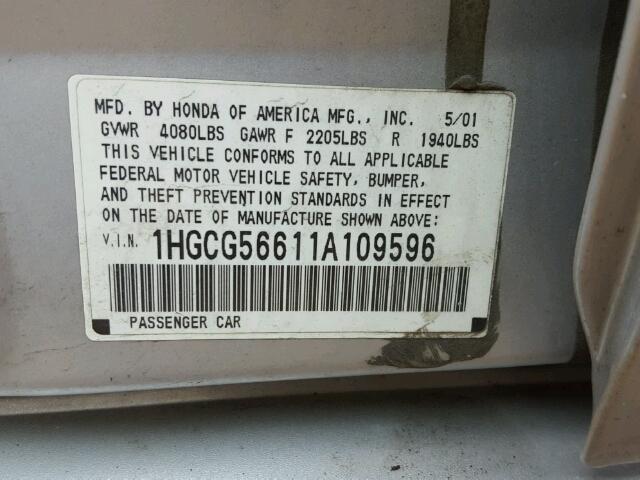 1HGCG56611A109596 - 2001 HONDA ACCORD EX SILVER photo 10