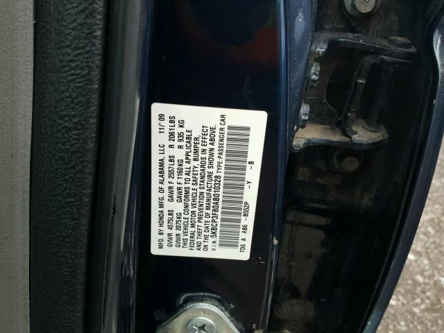 5KBCP3F80AB010328 - 2010 HONDA ACCORD EXL BLUE photo 10