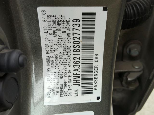 JHMFA36218S027739 - 2008 HONDA CIVIC HYBR GRAY photo 10