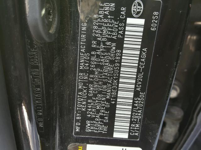 4T1BE30K15U591898 - 2005 TOYOTA CAMRY LE BLACK photo 10