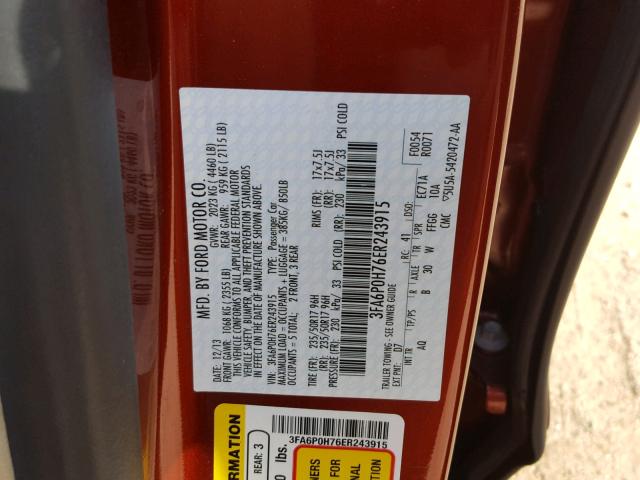 3FA6P0H76ER243915 - 2014 FORD FUSION SE RED photo 10