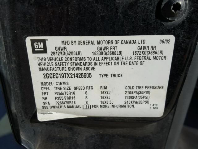 2GCEC19TX21425605 - 2002 CHEVROLET SILVERADO BLACK photo 10