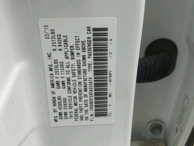 19UUB2F5XFA020674 - 2015 ACURA TLX TECH WHITE photo 10