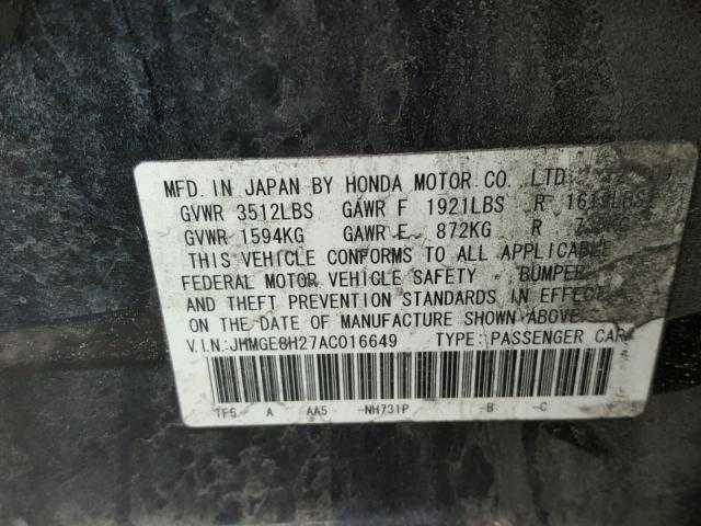 JHMGE8H27AC016649 - 2010 HONDA FIT BLACK photo 10