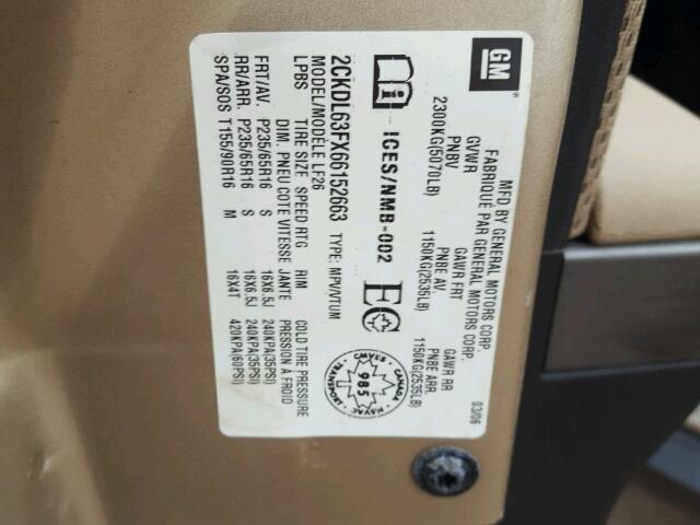 2CKDL63FX66152663 - 2006 PONTIAC TORRENT BEIGE photo 10