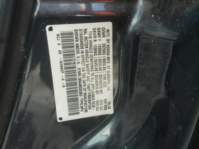 5FNRL18944B020363 - 2004 HONDA ODYSSEY EX CHARCOAL photo 10