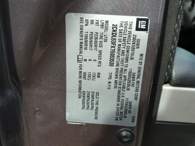 2CKDL63FX76083538 - 2007 PONTIAC TORRENT GRAY photo 10