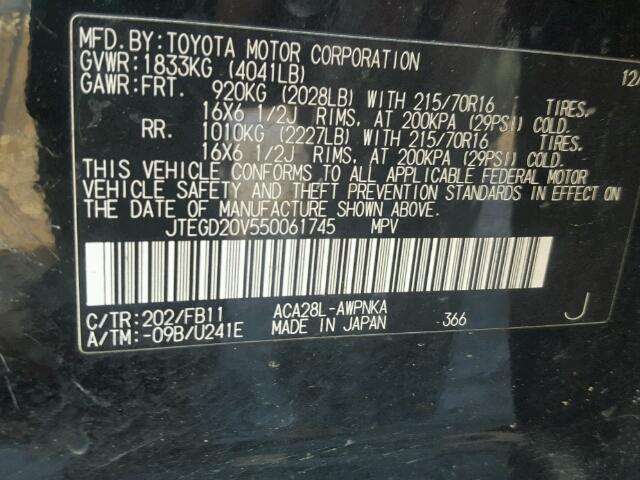 JTEGD20V550061745 - 2005 TOYOTA RAV4 BLACK photo 10