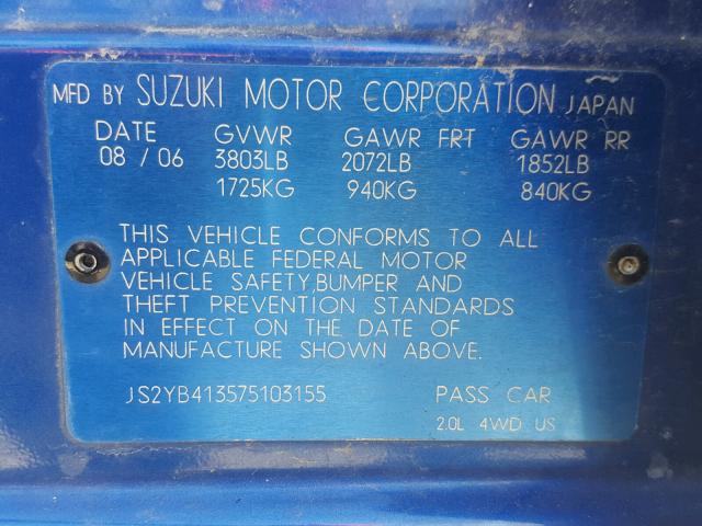 JS2YB413575103155 - 2007 SUZUKI SX4 BLUE photo 10